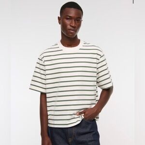 Abercrombie & Fitch Premium Heavyweight Cropped Tee in White and Green Stripe